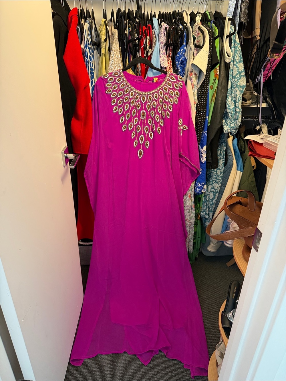 Akaru Dubai rhinestone jeweled Embellished Magenta Kaftan dress lined